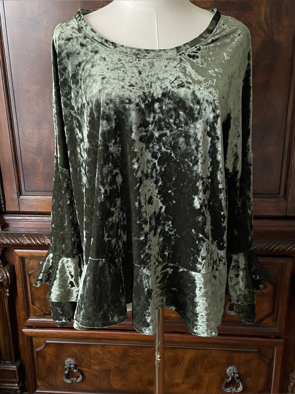 Crushed Velvet Top Women L Olive Green Bell Sleeve Whimsygoth Witchy Fairycore